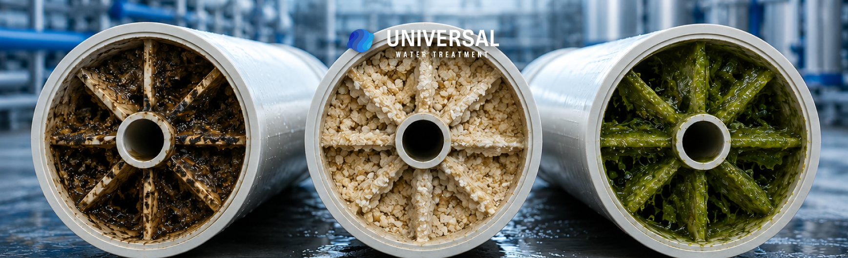 Diferencia entre fouling, scaling y biofouling en membranas.